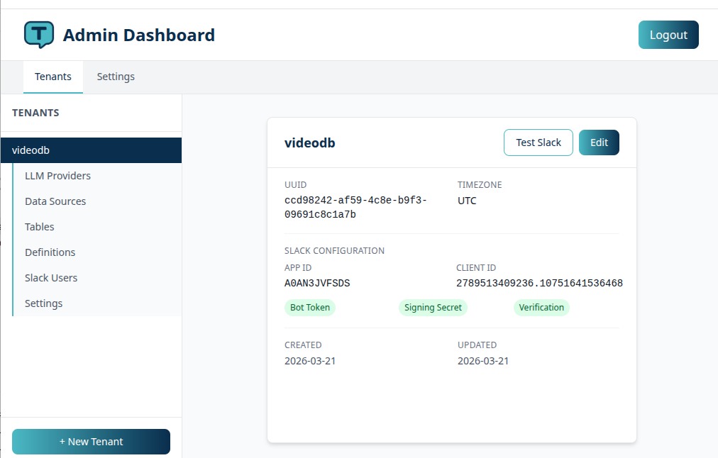 ThreadQL admin panel showing a tenant overview and Slack configuration