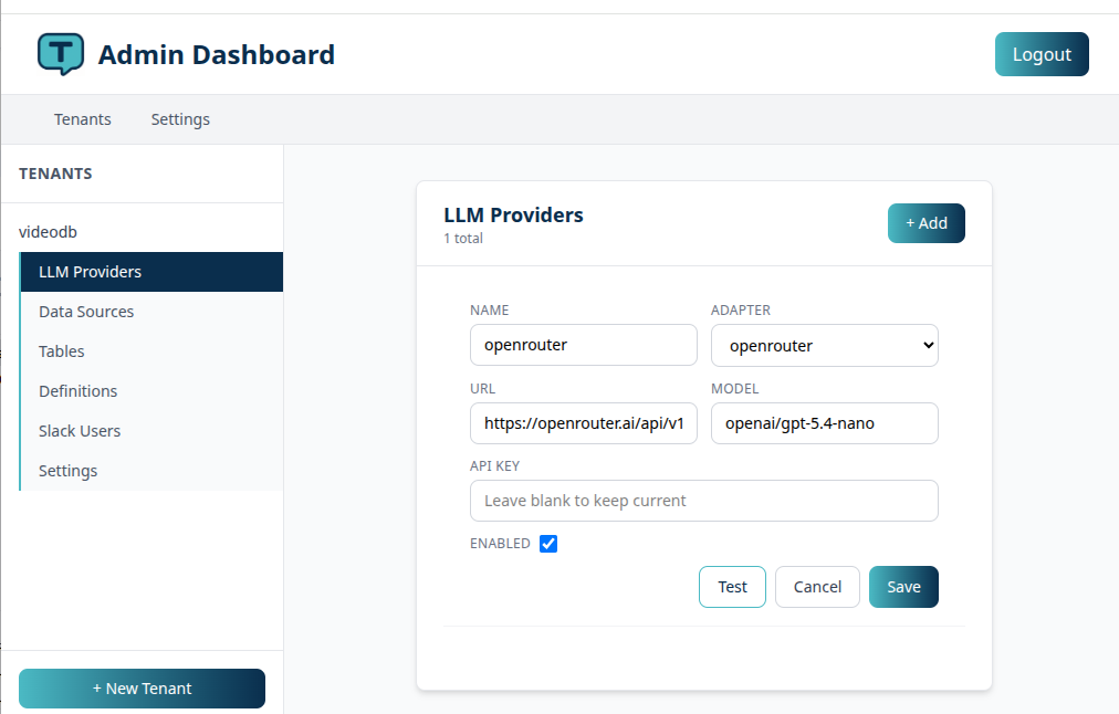 LLM provider configuration in the ThreadQL admin panel