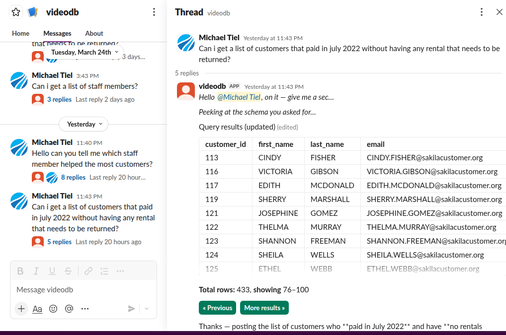 ThreadQL posting tabular results back into a Slack thread