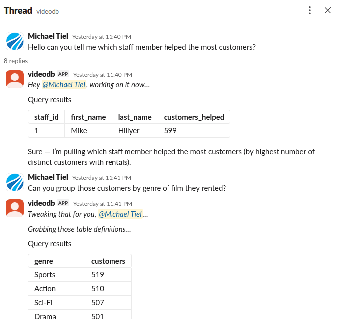 ThreadQL answering a question and handling a follow-up in a Slack thread